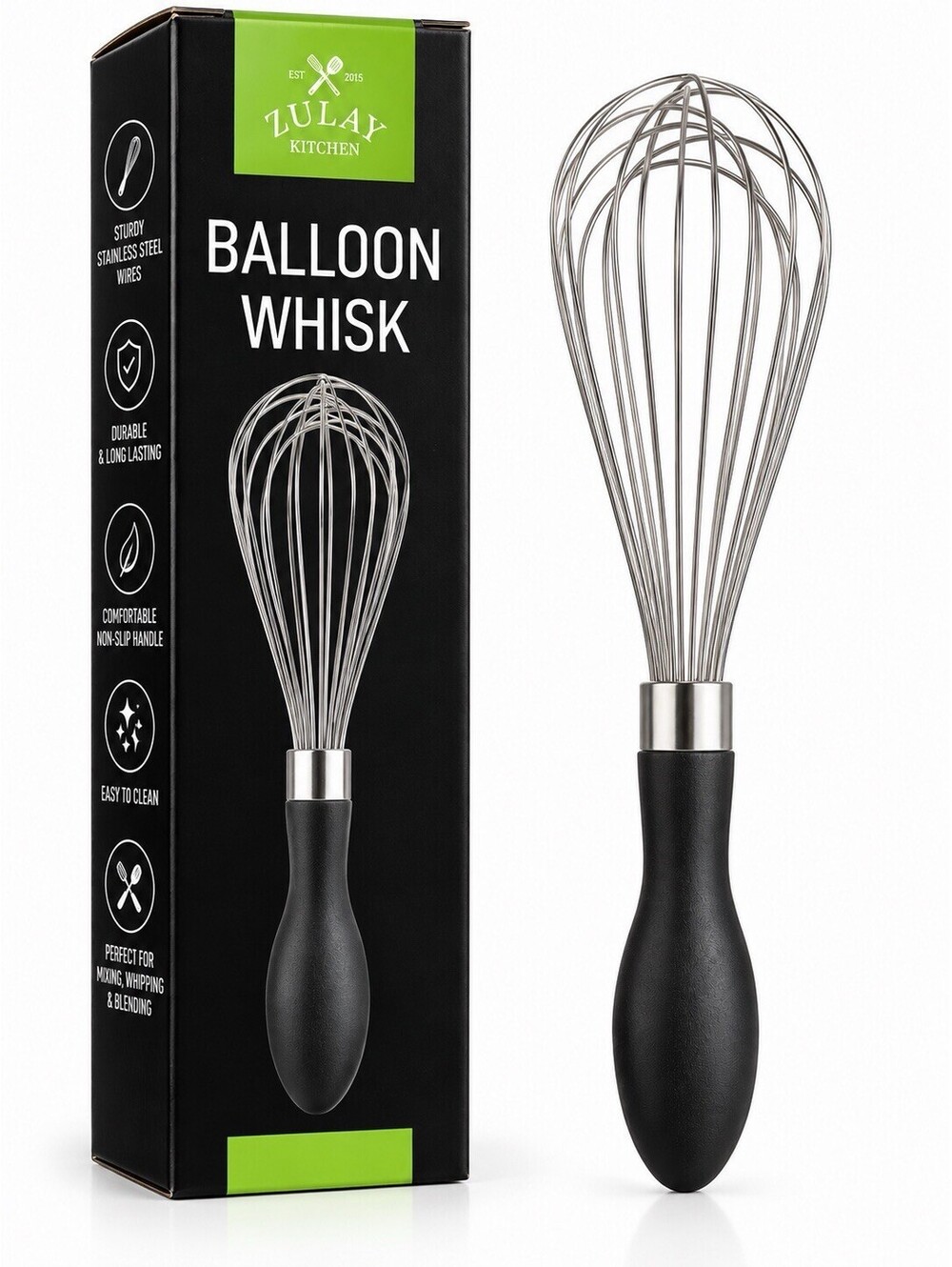 🖤 Zulay Kitchen Balloon Whisk – Stainless Steel – Black Handle